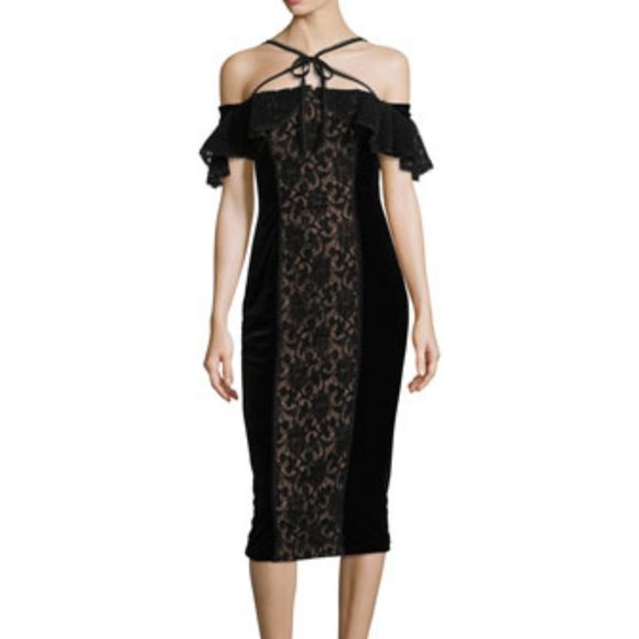 Marchesa Notte - Black Velvet Off-the-Shoulder Midi Cocktail Dress w/ Lace - Picture 1 of 3